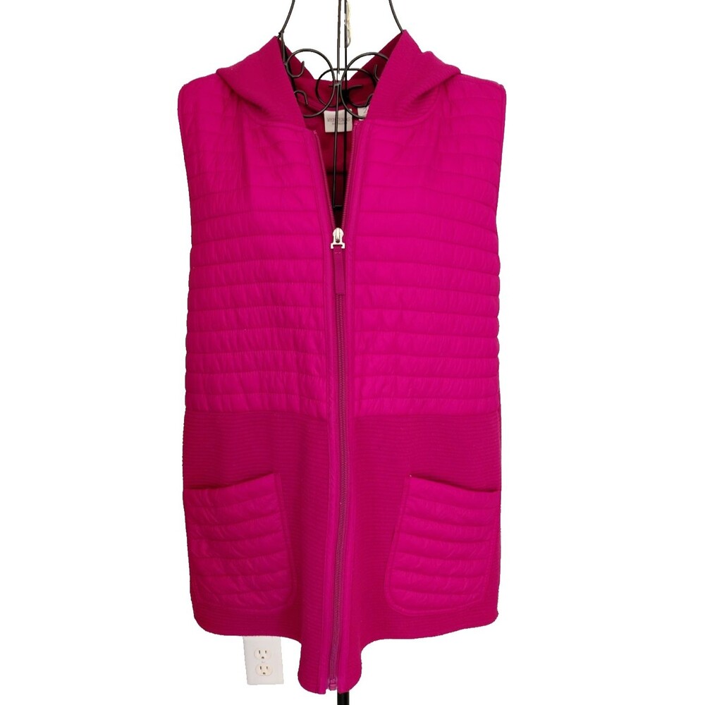 Chicos Weekender Hooded Vest Womens Sz 2 (L) Raspberry Quilted & Knit Pockets!